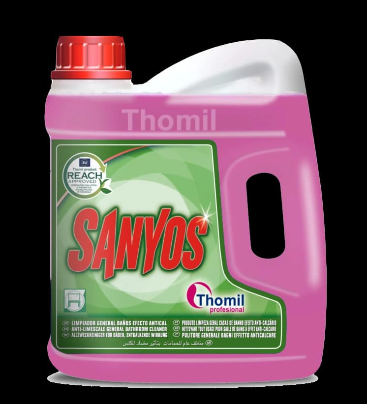 Visuel indicatif — stock confirmé : 5 L. Présentation fabricant 4 L. SANYOS – Nettoyant anticalcaire salles de bains, vue de face.