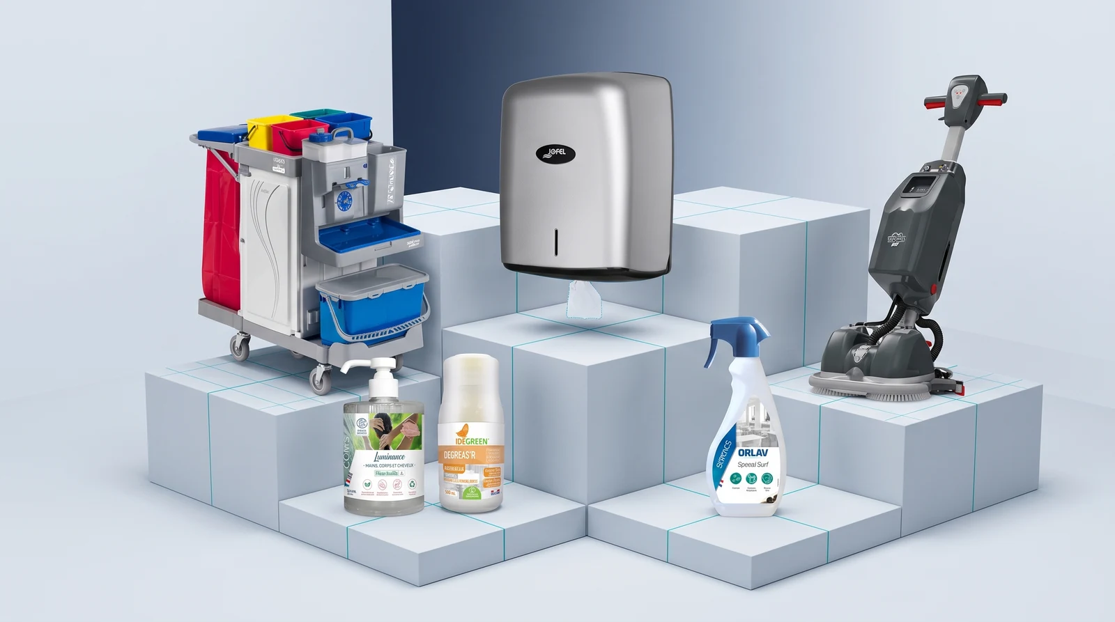 Produits d’entretien, distributeur de papier, chariot et matériel de nettoyage
