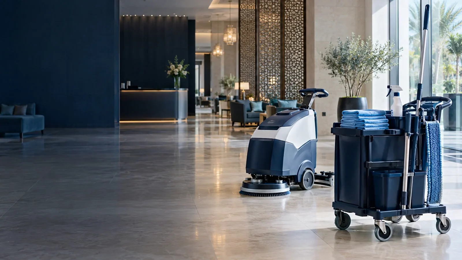 Autolaveuse et chariot de nettoyage dans un espace professionnel